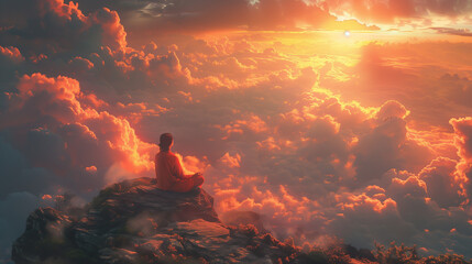 Silhouette of a person meditating with sky and cloud
