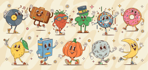 Groovy retro cartoon characters in hippie of 60s or 70s art, vector funky comic. Happy groovy donut with vinyl disk and disco ball or moon planet characters with cute face in groovie retro style