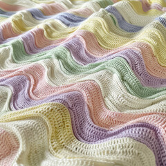 Close-up of pastel waves knitted into a cozy blanket, each stitch blending gentle colors in a calming design