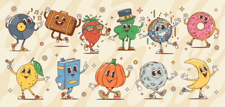 Groovy retro cartoon characters in hippie of 60s or 70s art, vector funky comic. Happy groovy donut with vinyl disk and disco ball or moon planet characters with cute face in groovie retro style