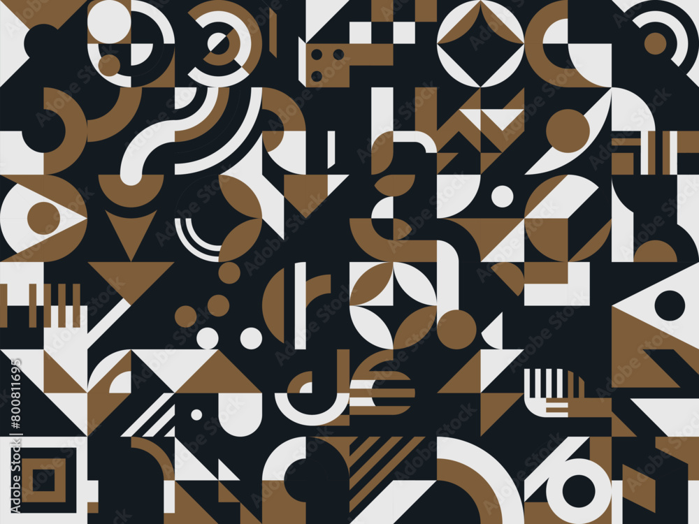 Poster Black, golden and white abstract modern geometric pattern, vector background. Mosaic tile pattern with simple geometric shapes, forms and figure elements in retro art style minimal background
