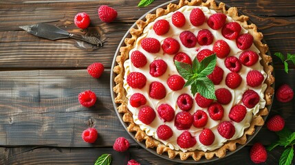 Concept of National Strawberry Rhubarb Pie. Sweet Raspberry pie on wooden background. Raspberry and rhubarb tart with a lattice topping. Cake with fresh Raspberry. Top view