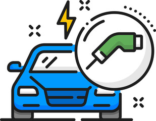 Dealership, electric car company, auto dealer thin line icon. EV official salon, vehicle dealer or auto dealership vector pictogram. Electric automobile lease center outline icon with charging cable