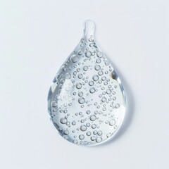 a drop of water filled with bubbles fizzing up inside of the drop on white background