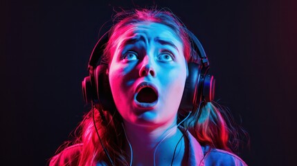 a girl in headphones, shocked, black background, vibrant