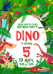 Kids birthday party flyer with funny dinosaur characters and pennant on tropical trees. Vector invitation celebration poster with Jurassic period dinos offering fun, games, and prehistoric adventures