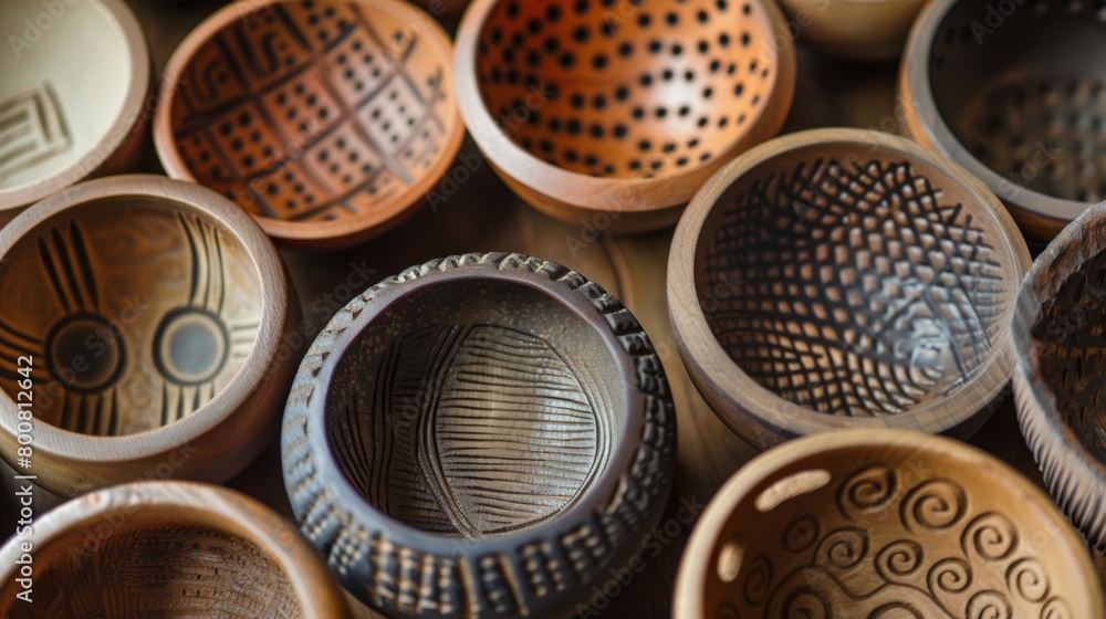 Poster a series of bowls with different surface carvings ranging from simple dots to complex tribalinspired