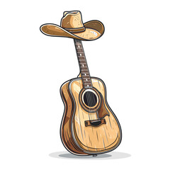 A country music scene featuring a well-worn acoustic guitar and a weathered cowboy hat - obrazy, fototapety, plakaty