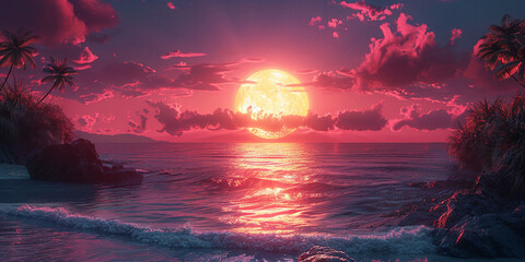  vaporwave, vintage, neon lights, sunset, palm trees, realistic beach photos