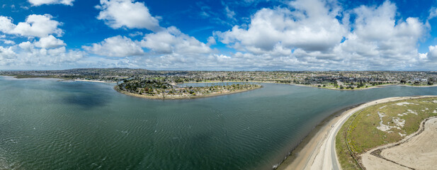Aerial view of Fiesta Island nature reserve in the heart of San Diego with views of Bay Park