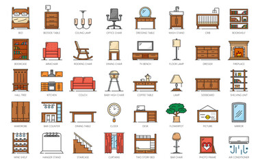 Color furniture icons, home interior and room decor. Vector thin line sofa, chair, bed and table, wardrobe, couch, armchair and desk objects set. Outline closet, mirror, bookcase, shelves and lamp