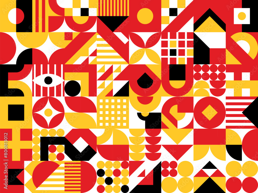 Poster Abstract modern geometric pattern with yellow, red and black shapes, vector background. Geometric pattern tile with minimal simple figures and elements in color mosaic of square, circle and lines