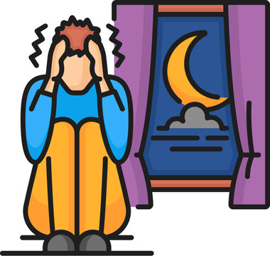 Psychology problem, nyctophobia phobia, mental anxiety outline color icon. People psychology fear, mental disorder or anxiety thin line vector symbol. Phobia linear icon with man scared of darkness