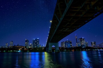 Envision the tranquility of a starry night beneath the bridge, where the city's lights twinkle overhead and the gentle lull of the river sings, Generative AI