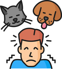 Human phobia or anxiety, psychology, zoophobia mental problem line color icon. Mental disorder, phobia or animals fear outline vector sign. Psychology problem outline sign with man scared of pets