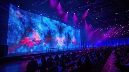 A massive blue and purple stage at an event