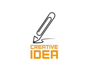 Design and education creative idea pencil icon. Vector paper clip pencil isolated symbol of smart solution, bright idea, knowledge and technological innovation. Marketing company sign with stationery