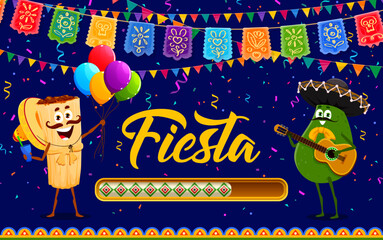 Fiesta loading bar with Tex Mex food characters on Mexican holiday carnival, vector banner. Fiesta party loading bar, avocado mariachi with guitar and tamale in sombrero with papel picado flags