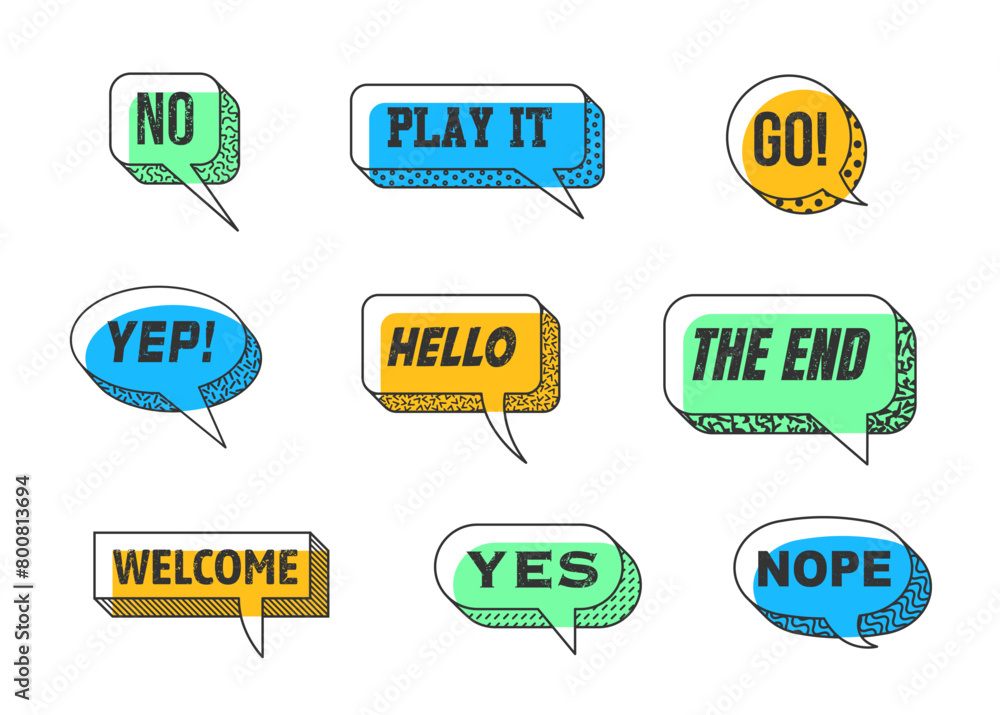 Aufkleber memphis speech bubbles isolated vector set. vibrant dialog clouds featuring bold colors, thick outli