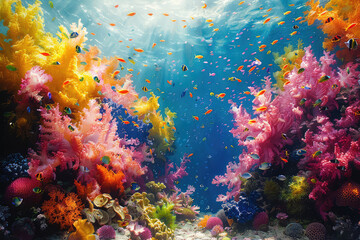 A vibrant coral reef teeming with colorful marine life. Created with Ai