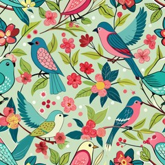 Seamless pattern of charming songbirds chirping in a blossoming garden, Generative AI