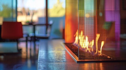 Naklejka premium A bold and colorful fire screen adds an unexpected pop of design to a sleek and minimalistic contemporary fireplace. 2d flat cartoon.