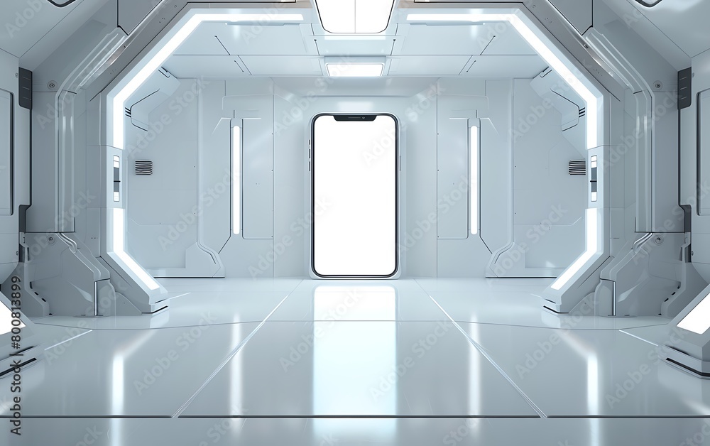 Fototapete concept a handphone mock-up set within a futuristic studio environment with a white screen