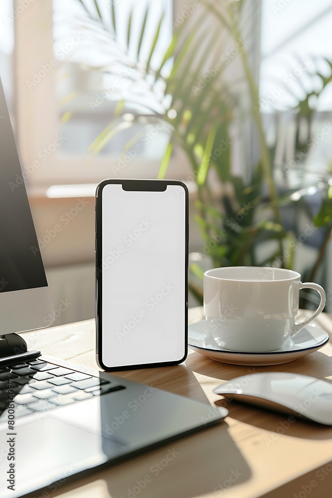 Aufkleber handphone mock-up displayed on a desk in a well-lit room, emphasizing the white screen