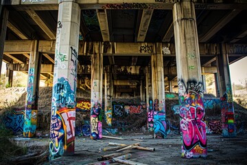 Explore the urban jungle below the bridge, where graffiti art blooms amidst the concrete pillars, telling stories of rebellion and expression, Generative AI