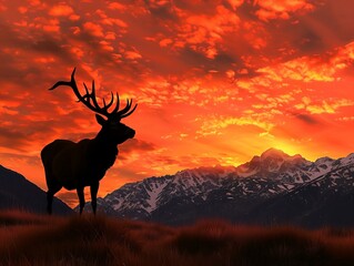 A majestic stag silhouetted against a fiery sunrise, with mist clinging to the valley below.