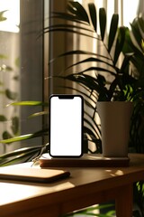 handphone mock-up displayed on a desk in a well-lit room, emphasizing the white screen