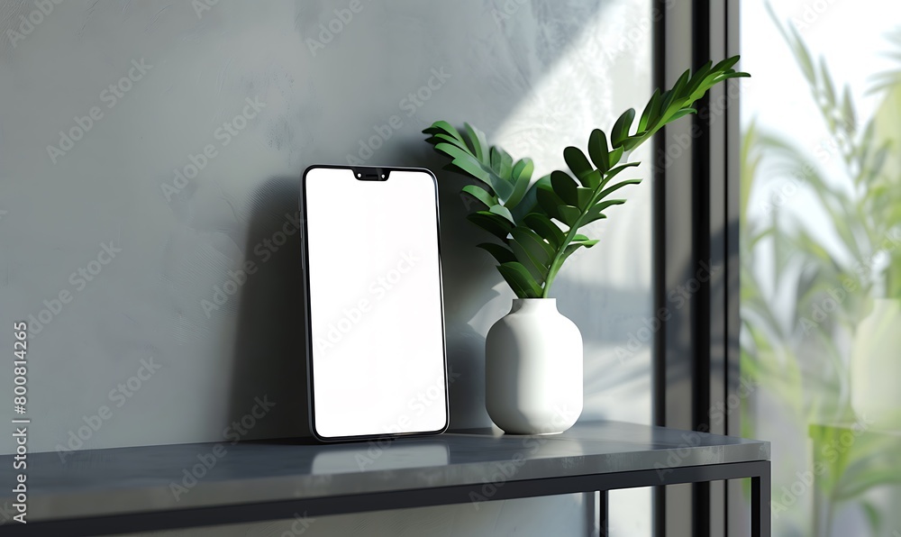 Aufkleber handphone mock-up on a shelf in a modern room with a plain white screen behind it