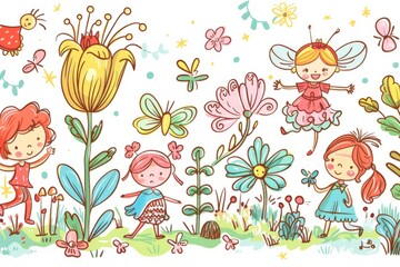 Cartoon cute doodles of kids exploring an enchanted garden filled with talking flowers, mischievous fairies, and playful woodland creatures, Generative AI
