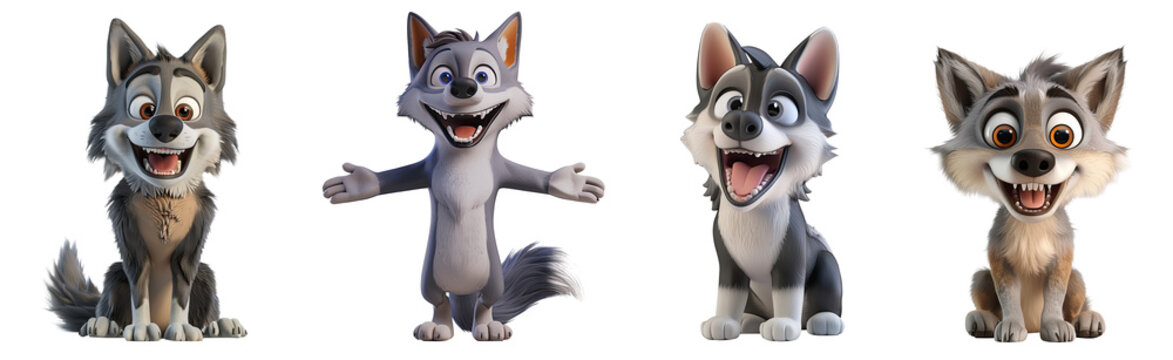Set of 3D cute happy cartoon wolf, isolated on white background, png