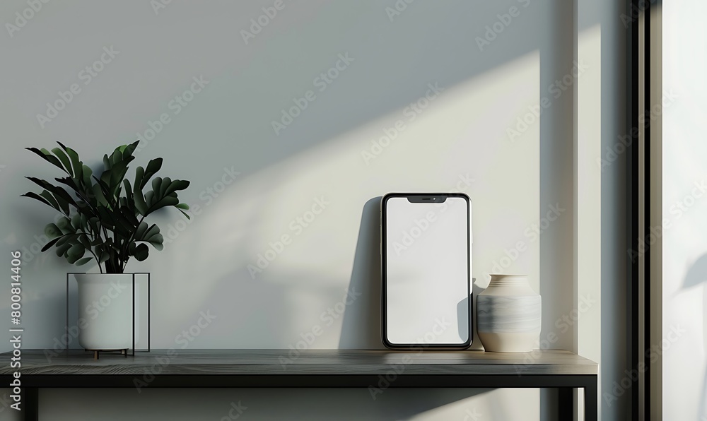 Aufkleber handphone mock-up on a shelf in a modern room with a plain white screen behind it