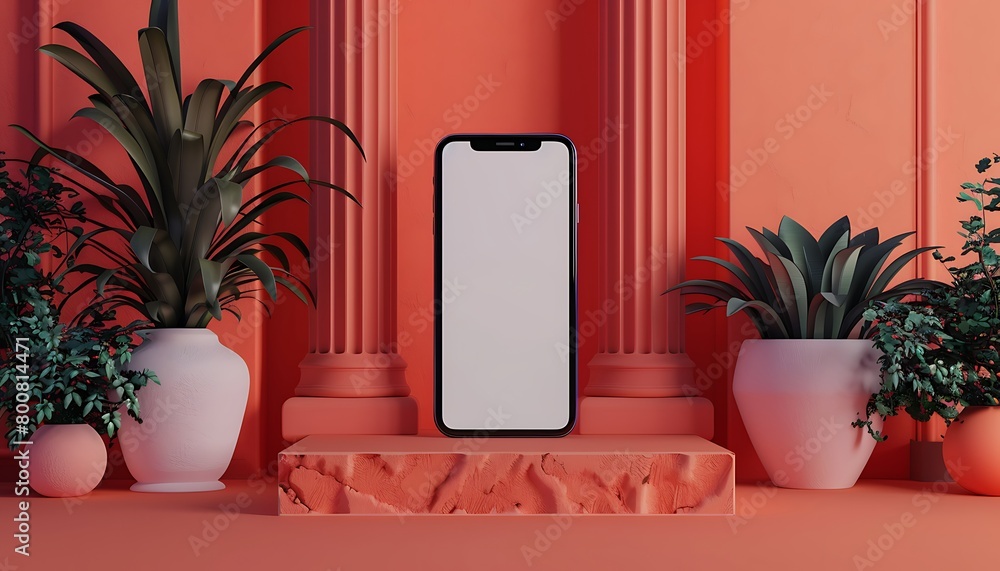 Poster render a handphone mock-up in a room filled with artistic elements, contrasting against a white scre