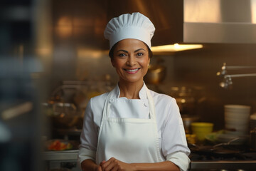 Indian female chef in uniform and smiling