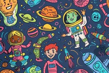 Cartoon cute doodles of kids participating in a space mission to Mars, exploring the red planet and discovering signs of alien life, Generative AI