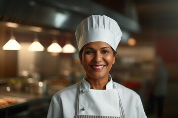Indian female chef in uniform and smiling