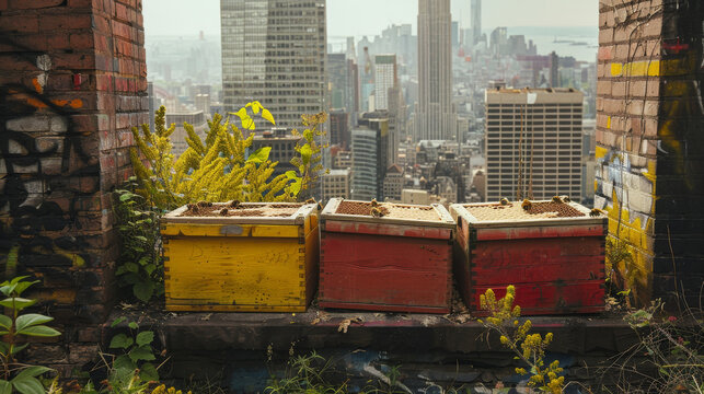 Three wooden boxes with yellow and red paint sit on a ledge in front of a city