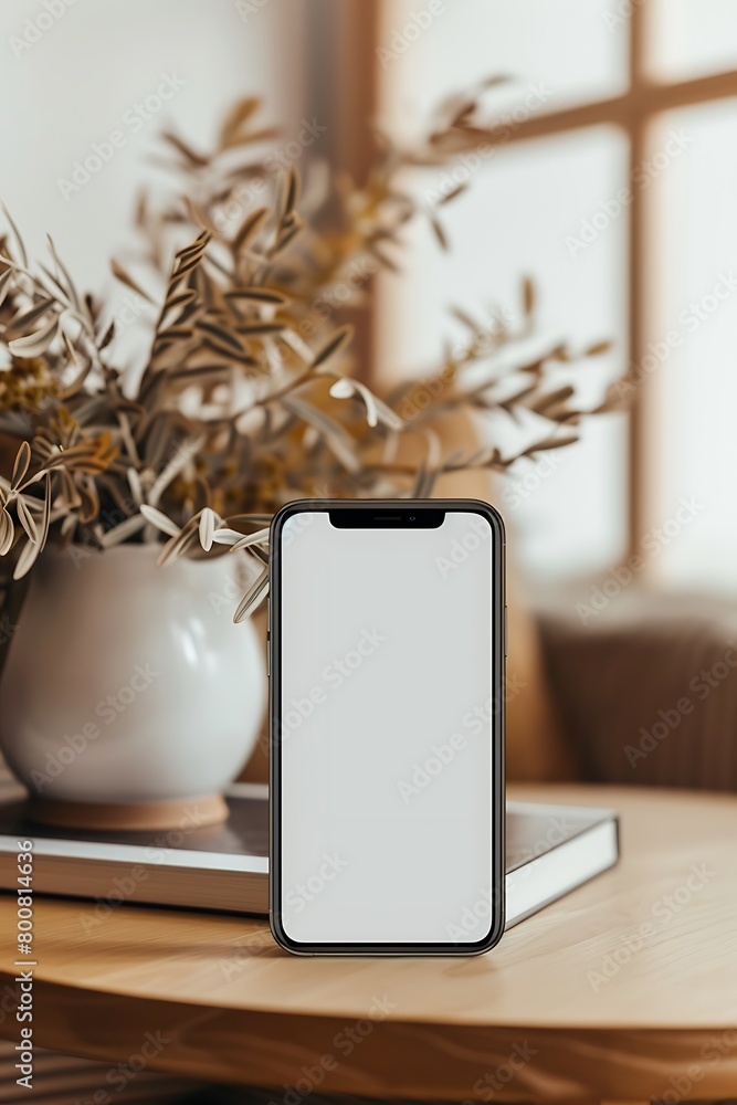 Poster composition featuring a handphone mock-up placed on a table in a cozy room, with a white screen