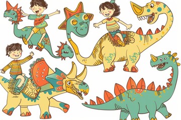 Fototapeta premium Cartoon cute doodles of kids traveling back in time to the age of dinosaurs, riding on the backs of friendly triceratops and brachiosauruses, Generative AI