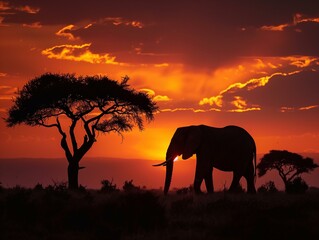 A breathtaking image of a large herd of elephants walking across the savanna at sunset, with a vibrant orange sky in the background.