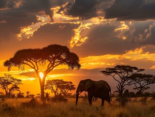 Fototapeta premium A breathtaking image of a large herd of elephants walking across the savanna at sunset, with a vibrant orange sky in the background.