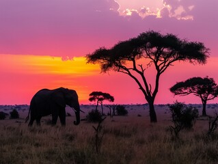 A breathtaking image of a large herd of elephants walking across the savanna at sunset, with a vibrant orange sky in the background.