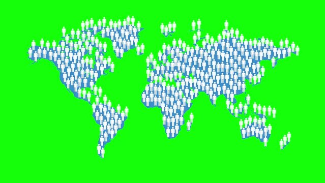 Animation of stick figures on world map as overpopulation concept on green screen background