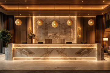 A reception desk made of light-colored marble in the interior design style, a large wall behind it with a flat surface. Created with Ai