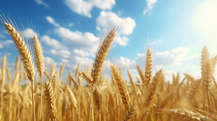 Fototapeta premium Dry wheat crop at agriculture field on sky background