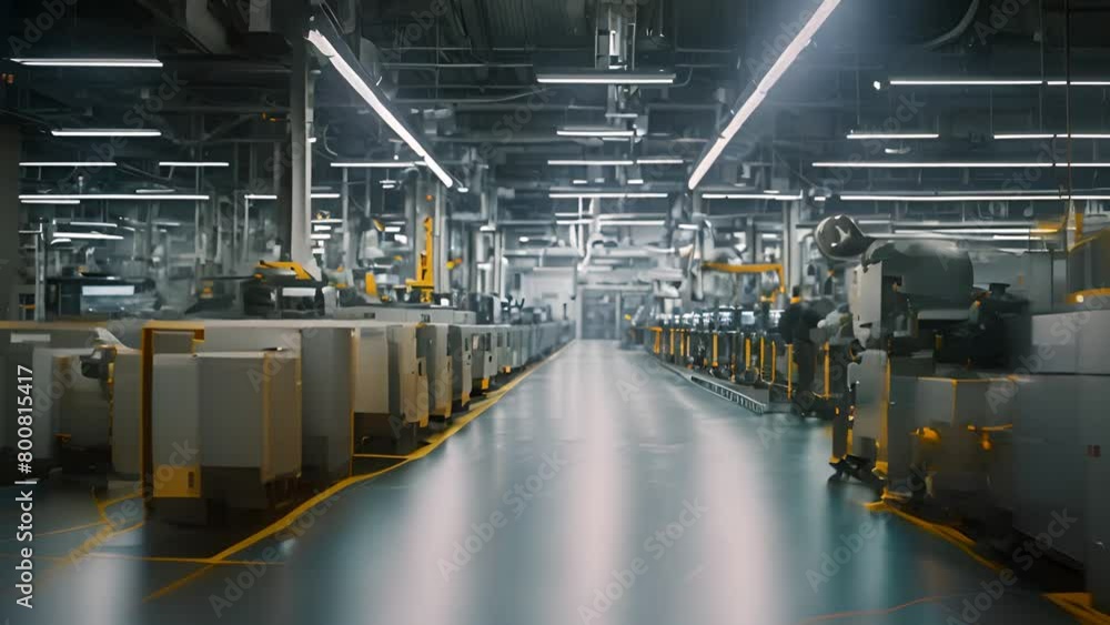 Poster busy factory floor with numerous machines operating generative ai