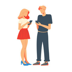 vivid illustration of two individuals engrossed in their smartphones